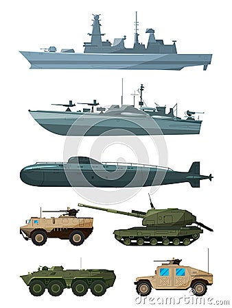 Warships and armored vehicles of land forces. Military transport support Vector Illustration