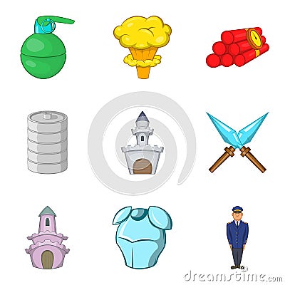Wartime icons set, cartoon style Vector Illustration