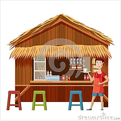 Warung street cafe restaurant with seller man, small family owned busines, store shop. Vector isolated cartoon style Vector Illustration