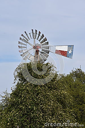 Texas Windmill and Yellow Jasmine in Tolar Texas. Stock Photo