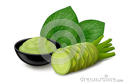 Natural wasabi paste in a black bowl, two leaves and half of root isolated on white background Vector Illustration