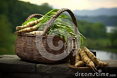 wasabi roots in a rustic woven basket, with a countryside backdrop Stock Photo