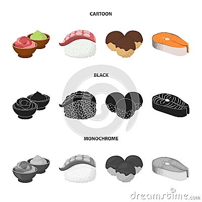 Wasabi sauce and ginger, salmon steak, octopus. Sushi set collection icons in cartoon,black,monochrome style vector Vector Illustration