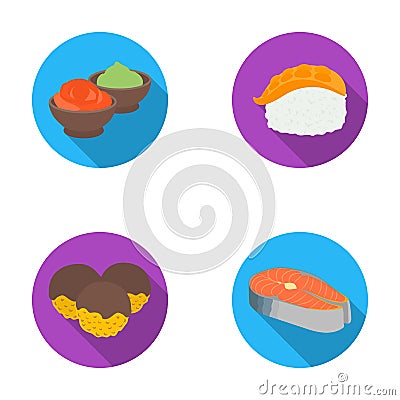 Wasabi sauce and ginger, salmon steak, octopus. Sushi set collection icons in flat style vector symbol stock Vector Illustration