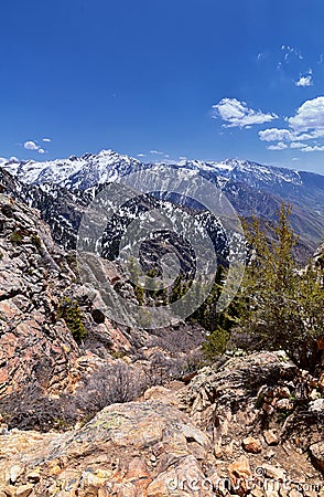 Wasatch Front Mount Olympus Peak hiking trail inspiring views in spring via Bonneville Shoreline, Rocky Mountains, Salt Lake City, Stock Photo