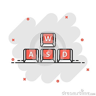 Wasd button icon in comic style. Keyboard cartoon vector illustration on white isolated background. Cybersport splash effect Vector Illustration