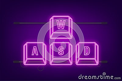 WASD computer keyboard neon buttons. Desktop interface. Web icon. Gaming and cybersport. Vector stock illustration. Vector Illustration