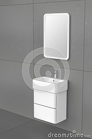 Wash basin cabinet with silver faucet and mirror Stock Photo