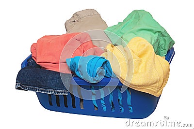 Wash basket isolated. Closeup of colorful dirty clothes in a blue laundry basket isolated on a white background Stock Photo