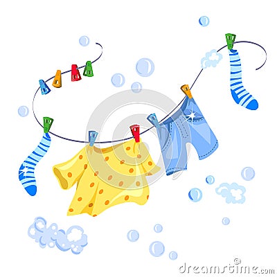 Wash clothes drying on a rope Vector Illustration