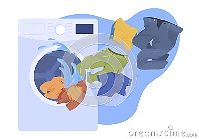Wash clothes in modern electronic washing machine vector flat illustration Cartoon Illustration