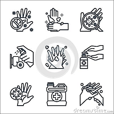 Wash hand line icons. linear set. quality vector line set such as washing hands, hand sanitizer, hand, sanitizer, handwash, Vector Illustration