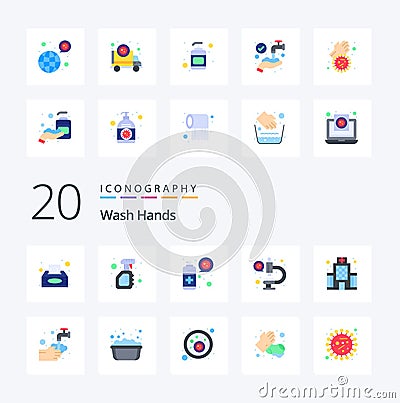 20 Wash Hands Flat Color icon Pack like building microscope virus laboratory protection Vector Illustration