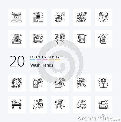 20 Wash Hands Line icon Pack like scan search protection bacteria water Vector Illustration