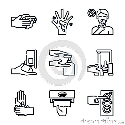 Wash hands line icons. linear set. quality vector line set such as , tissue paper, washing hands, washing hands, wash, wash, no Vector Illustration
