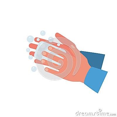 Wash hands. Man holding soap in hand in soap bubbles. Vector Illustration