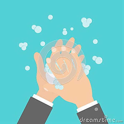 Wash hands with soap soap foam bubble. Cute cartoon businessman hand body part. Stop coronavirus COVID 19. Personal hygiene, Vector Illustration