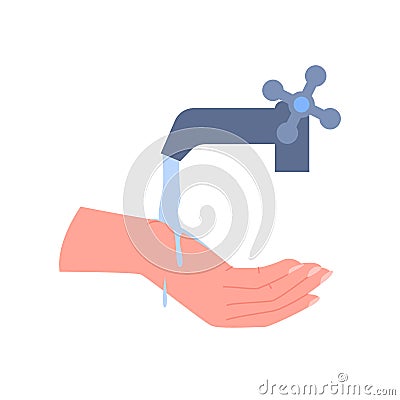 Wash hands, arm under flowing water with splashes from tap, person cleaning hand Vector Illustration