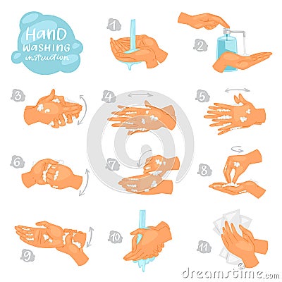 Wash hands vector instructions of washing or cleaning hands with soap and foam in water illustration antibacterial set Vector Illustration