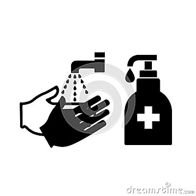 Wash and Sanitise Hands Black Icon,Vector Illustration, Isolated On White Background Label. EPS10 Vector Illustration