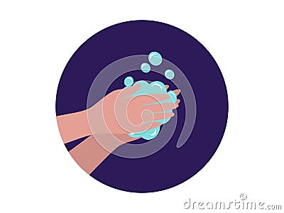 Wash your hands with soap and water. Two palms thoroughly rub blue lather foam with bubbles mandatory hygiene with cleaning from Stock Photo