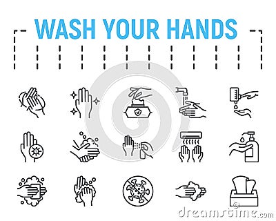 Wash your hands thin line icon set, health symbols collection, vector sketches, logo illustrations, hygiene icons, stop Vector Illustration