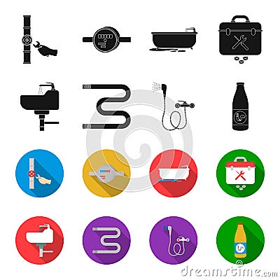 Washbasin, heated towel-dryer, mixer, showers and other equipment.Plumbing set collection icons in black,flet style Vector Illustration