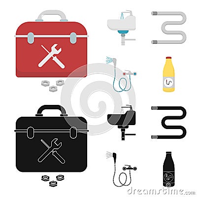 Washbasin, heated towel-dryer, mixer, showers and other equipment.Plumbing set collection icons in cartoon,black style Vector Illustration