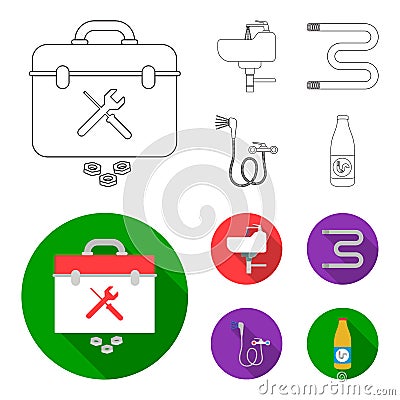 Washbasin, heated towel-dryer, mixer, showers and other equipment.Plumbing set collection icons in outline,flat style Vector Illustration