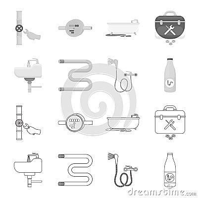 Washbasin, heated towel-dryer, mixer, showers and other equipment.Plumbing set collection icons in outline,monochrome Vector Illustration