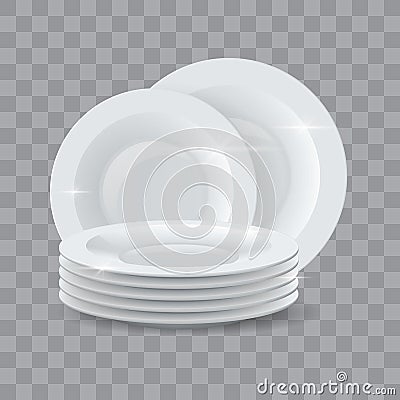 Washed dishes. Realistic clean dinner plates stack for detergent or dishwasher soap ads. Ceramic shiny tableware dish Vector Illustration