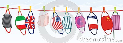 Washed Protective Face Masks Hanging on a Line. Drying Laundered Reusable Masks with Flags of Different Countries Stock Photo