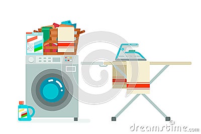 Washer laundry basket washing dirty clothes washing machine service cartoon flat design isolated on white icon vector Vector Illustration