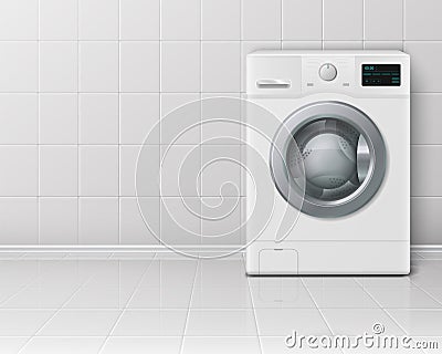 Washer. Realistic 3D household appliances for launder, cleaning clothes with detergent and water. Electric machine for Vector Illustration