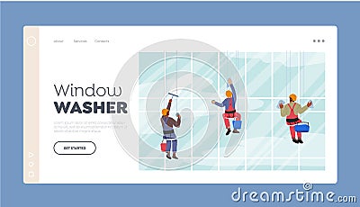 Washers Landing Page Template. Male Characters Washing Window with Wiper Hanging on Ropes. Men Professional Employees Vector Illustration