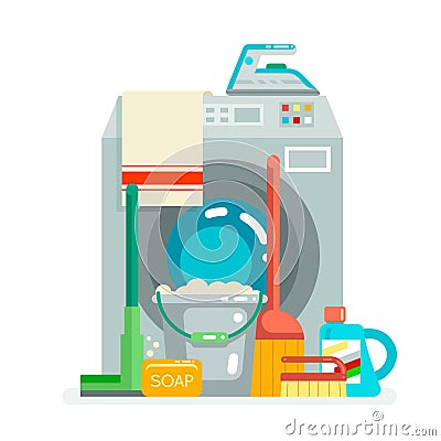 Washing cleaning concept supplies icons flat Vector Illustration