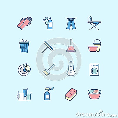 Washing, cleaning, laundry line color vector icons Vector Illustration