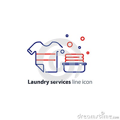 Washing clothes, laundry mono line icon, t-shirt and bucket Vector Illustration