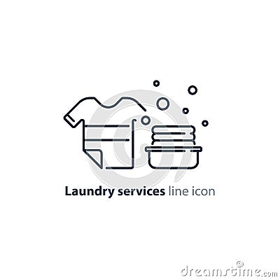 Washing clothes, laundry mono line icon, t-shirt and bucket Vector Illustration