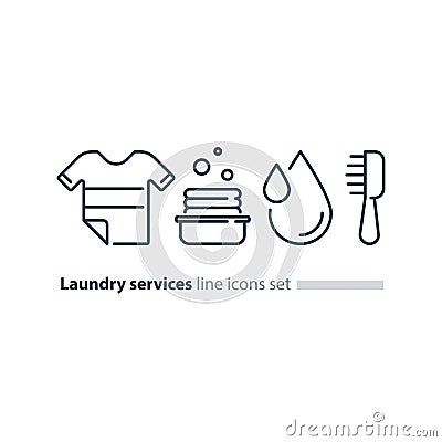 Washing clothes, laundry mono line icon, t-shirt and bucket Vector Illustration