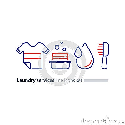 Washing clothes, laundry mono line icon, t-shirt and bucket Vector Illustration