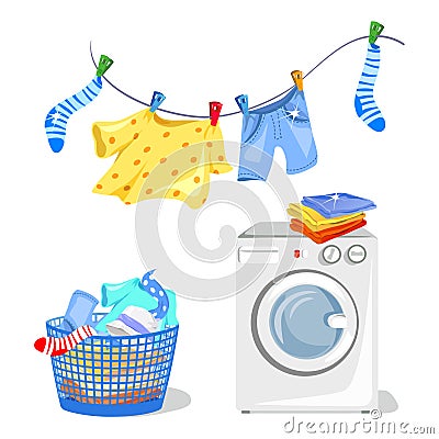 Washing clothes, washing machine Vector Illustration