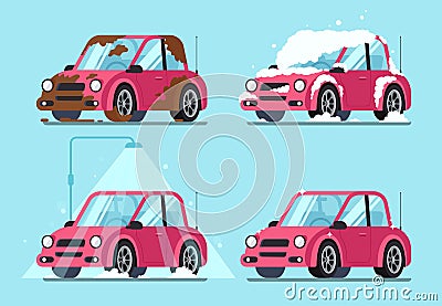 Washing dirty car. Steps of cleaning cars from muddy and dirt covered to clean and shiny vector illustration Vector Illustration