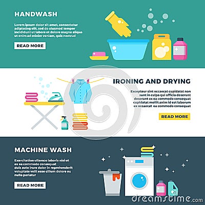 Washing and drying clothes, laundry service vector advertising banner Vector Illustration