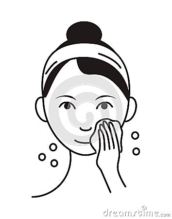 Washing face icon vector. Girl shows how to cleaning, whiting face and use cosmetic cleanser. Info-graphic in outline style Cartoon Illustration