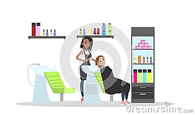Washing hair with shampoo in beauty salon. Vector Illustration