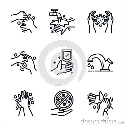 washing hand line icons. linear set. quality vector line set such as washing hand, virus, washing hand, water tap, protection, Vector Illustration