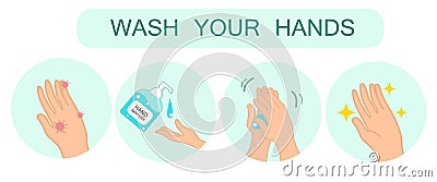 Washing Hands with Alcohol gel,hand sanitizer, Water. Infographic Steps How Washing Hands Properly. Prevention against Virus and I Vector Illustration