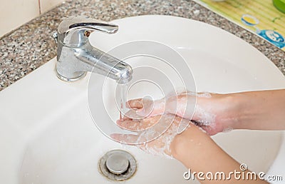 Washing on hands. Cleaning hands with soap. Stock Photo