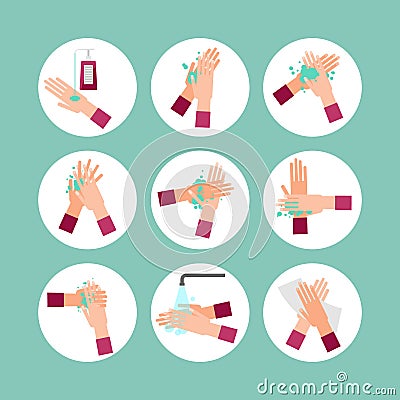 Washing hands scheme steps vector illustration icon collection set. Round images with soap, water, finger cleaning and paper towel Vector Illustration